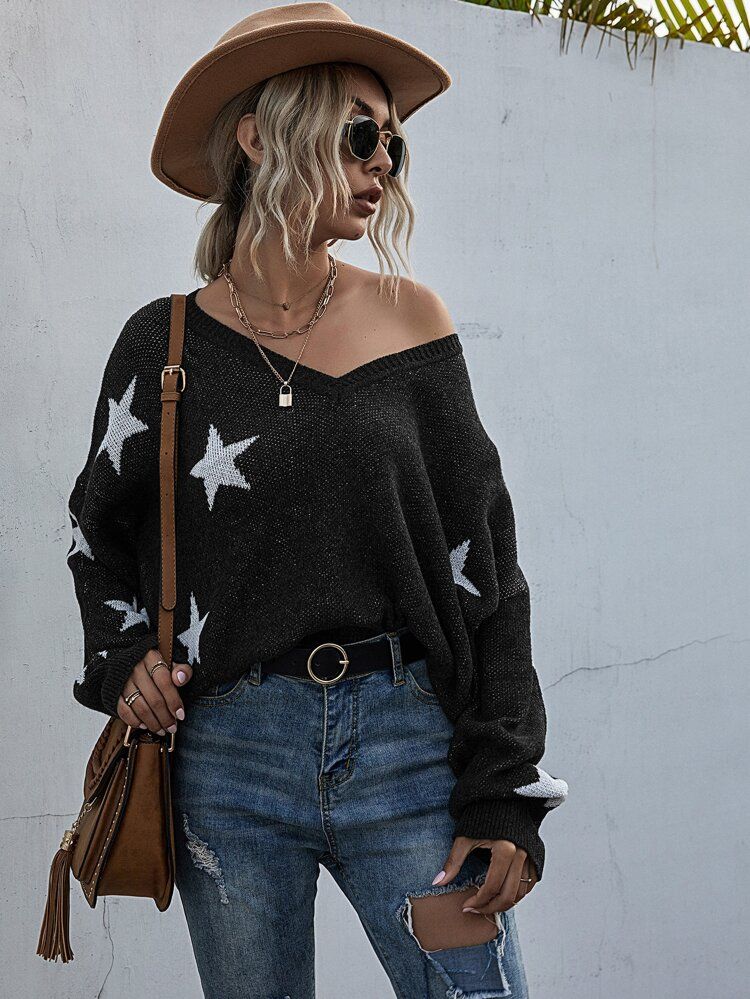 Ripped Hem Star Pattern Sweater | SHEIN