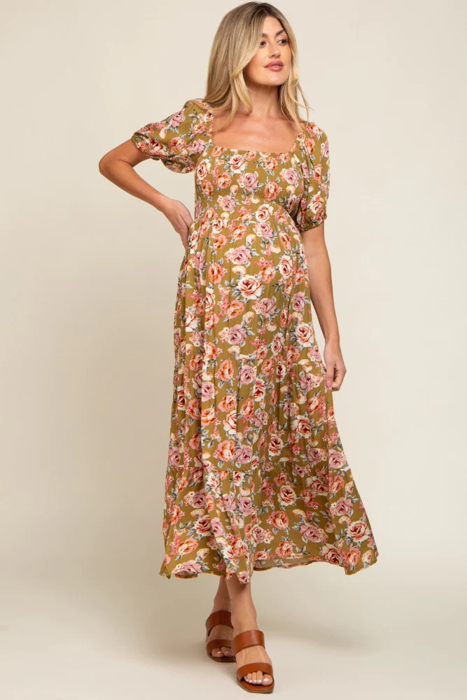 Olive Floral Smocked Square Neck Tiered Maternity Maxi Dress | PinkBlush Maternity