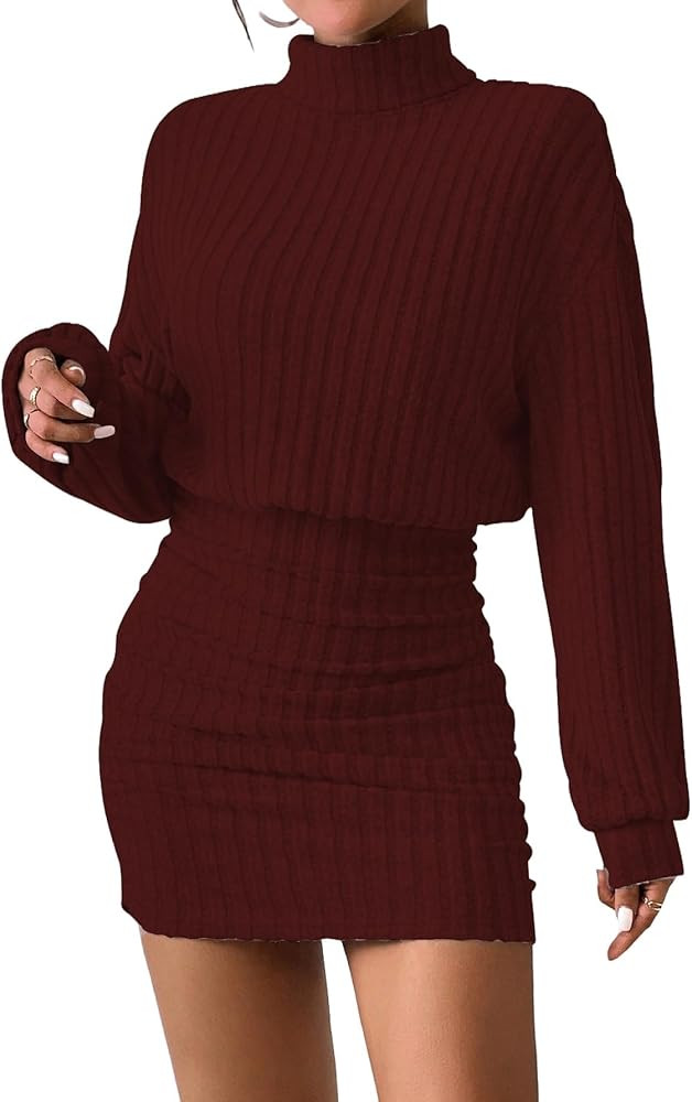Women's Pullover Sweater Dress Long Lantern Sleeve Turtle Neck Cute Ribbed Knit Bodycon Mini Shor... | Amazon (US)