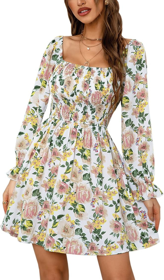 ECOWISH Womens Square Neck Mini Dresses Floral Print A-Line Long/Short Sleeve Casual Flowy Summer Dr | Amazon (US)