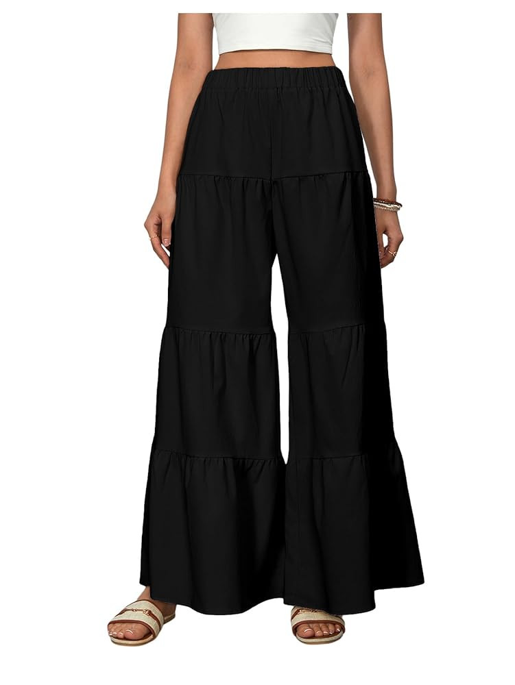WDIRARA Women's Flowy Boho Elastic High Waist Ruffle Hem Wide Leg Beach Loose Palazzo Pants | Amazon (US)