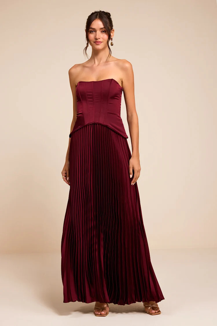 Makani Wine Red Satin Bustier Maxi Dress | Lulus