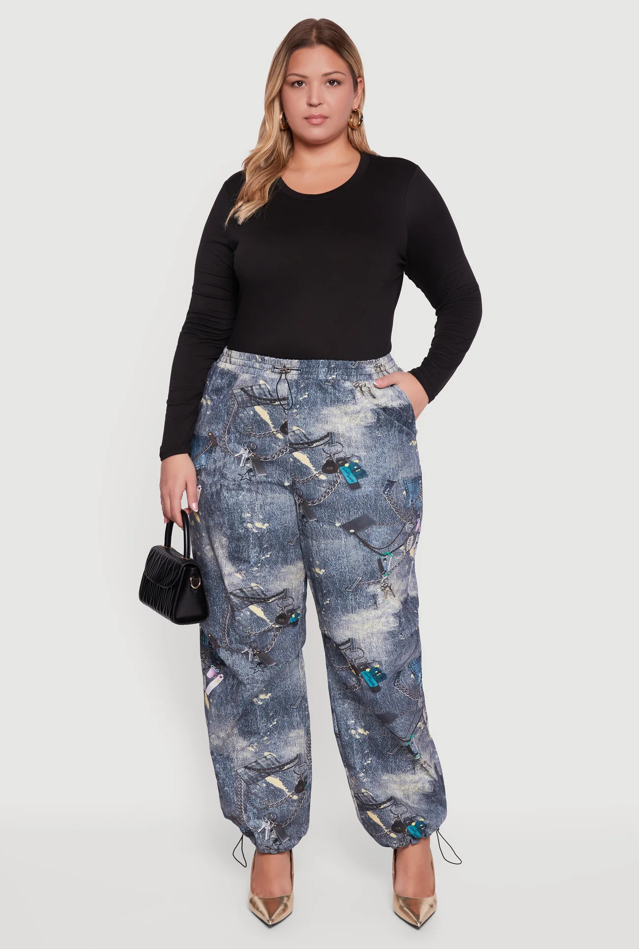 Plus Size High Waisted Printed Pattern Drawstring Joggers | Rainbow Shops