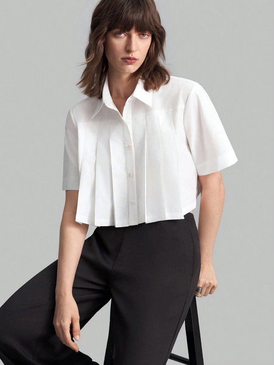 Ontre 2025 New White Spring Women Shirt Long Sleeve Casual Pleated Decor Cotton Blouse, Valentine... | SHEIN
