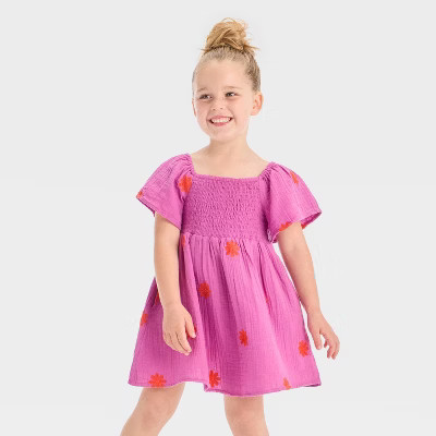 Toddler Girls' Floral Embroidered Short Sleeve Dress - Cat & Jack™ Bright Purple/Red | Target