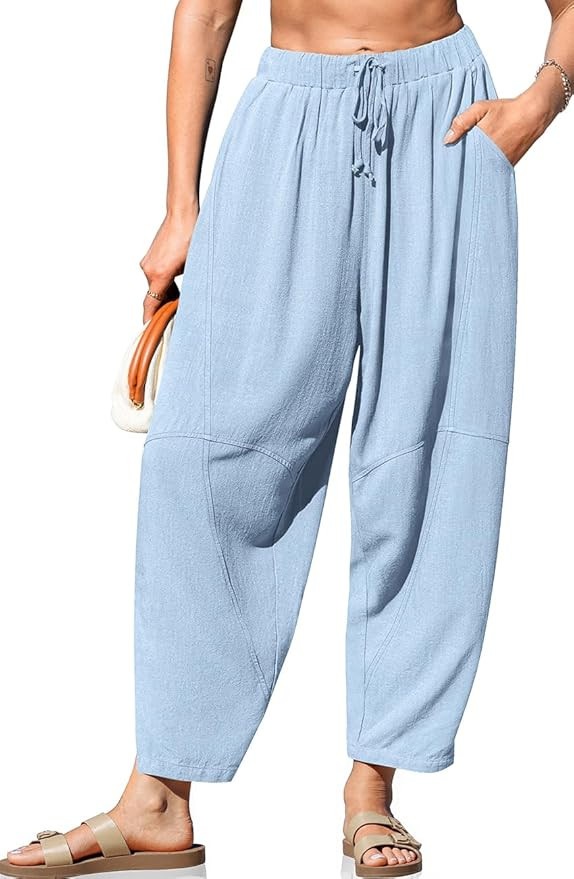 TARSE Women's Linen Harem Pants Casual Loose Fit Wide Leg Cropped Lightweight Drawstring Elastic ... | Amazon (US)