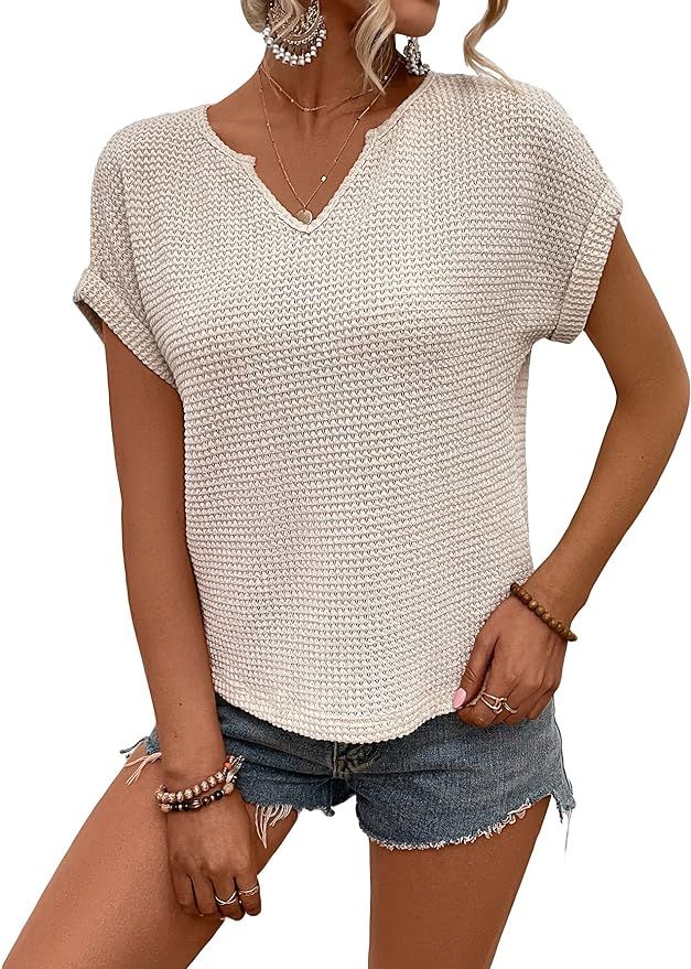 WDIRARA Women's Notched V Neck Short Sleeve Waffle Knit Tee Casual Summer T Shirt | Amazon (US)