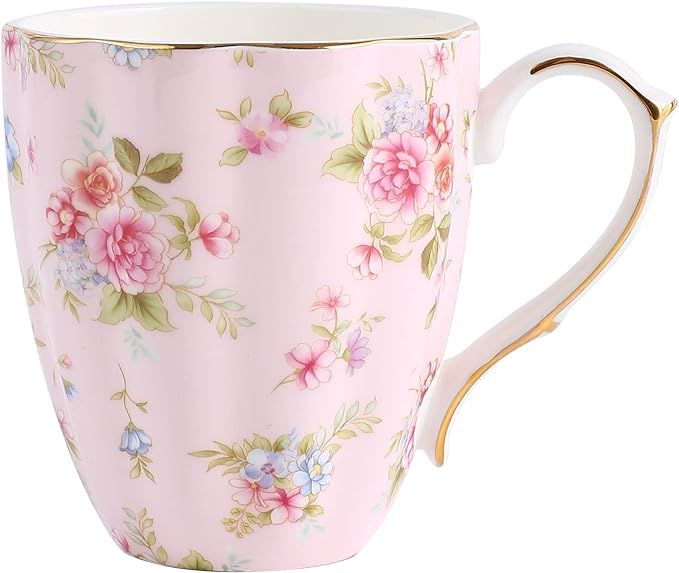 13oz Pink Flora Mug Bone China Coffee Mugs Bone Teacup Valentine's Day Mug Christmas Mugs birthda... | Amazon (US)