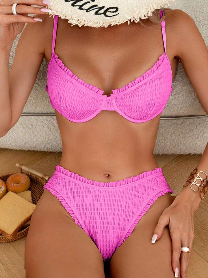SHEIN Swim Vcay Summer Beach Women Two-Piece Swimsuit Set Gathered With Steel Support Holiday Bea... | SHEIN