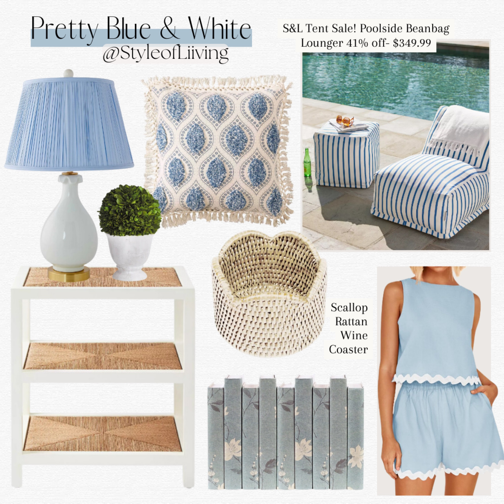 Blue and white. Serena and Lily side table, outdoor poolside beanbag lounger, decorative blue chinoiserie books, Target throw pillow, rattan wine bottle coaster whitewashed, faux boxwood ball, tank top shorts scalloped set, summer outfit from Amazon. #homedecor

#LTKSummerSales #LTKHome #LTKStyleTip