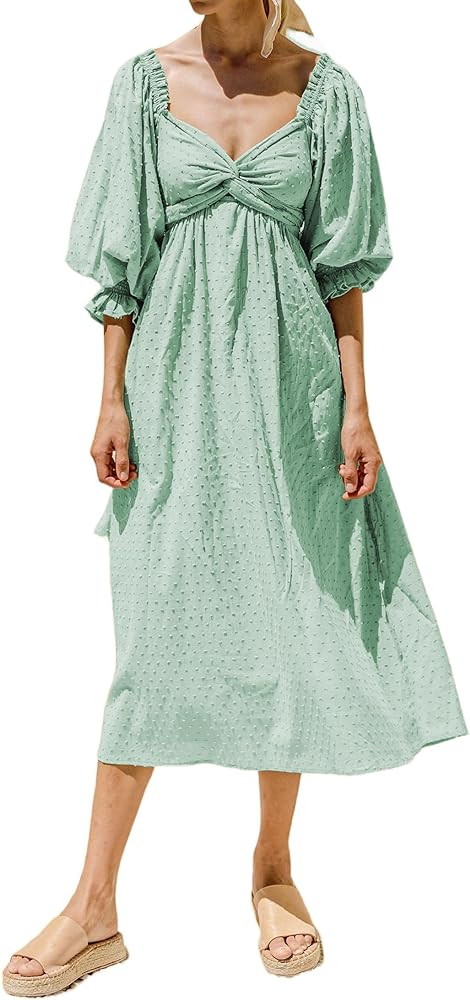 R.Vivimos Women's Summer Boho Cotton Puff Sleeve Dress Swiss Dots Lace Up Smocked Casual A-Line F... | Amazon (US)