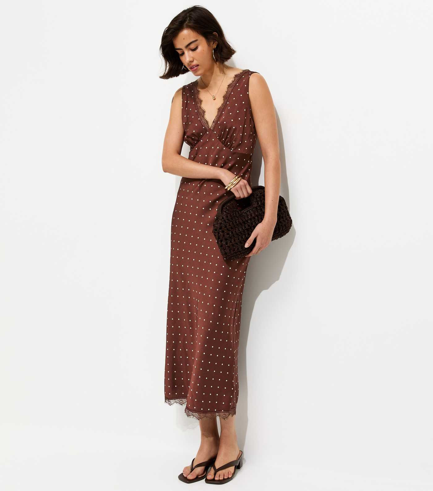 Brown Polka Dot Satin Lace Trim Midi Dress | New Look | New Look (UK)