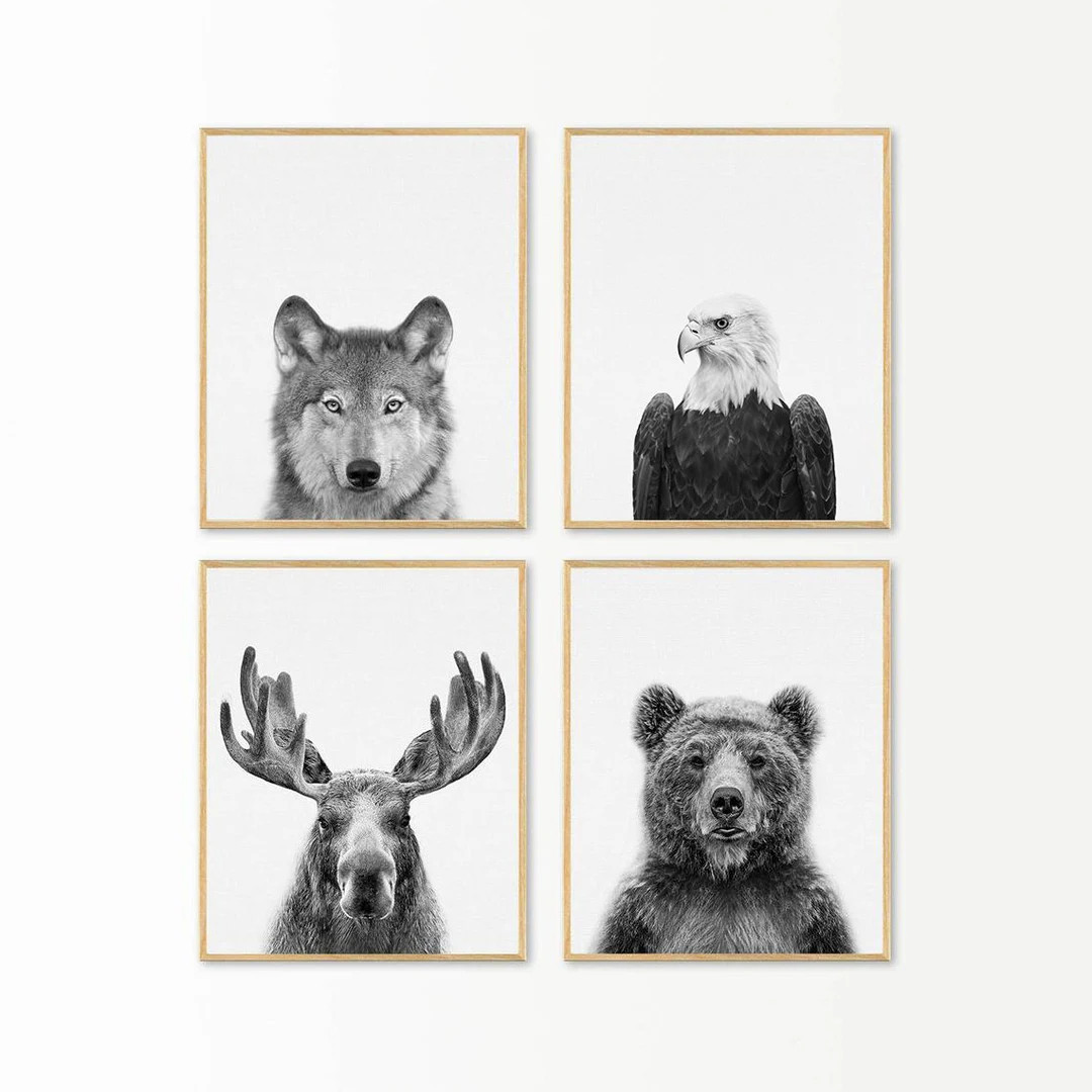 Woodland Animals Print, Nursery Wall Art Decor, Set of 4 Prints, Moose, Bald Eagle, Wolf, Bear, B... | Etsy (US)