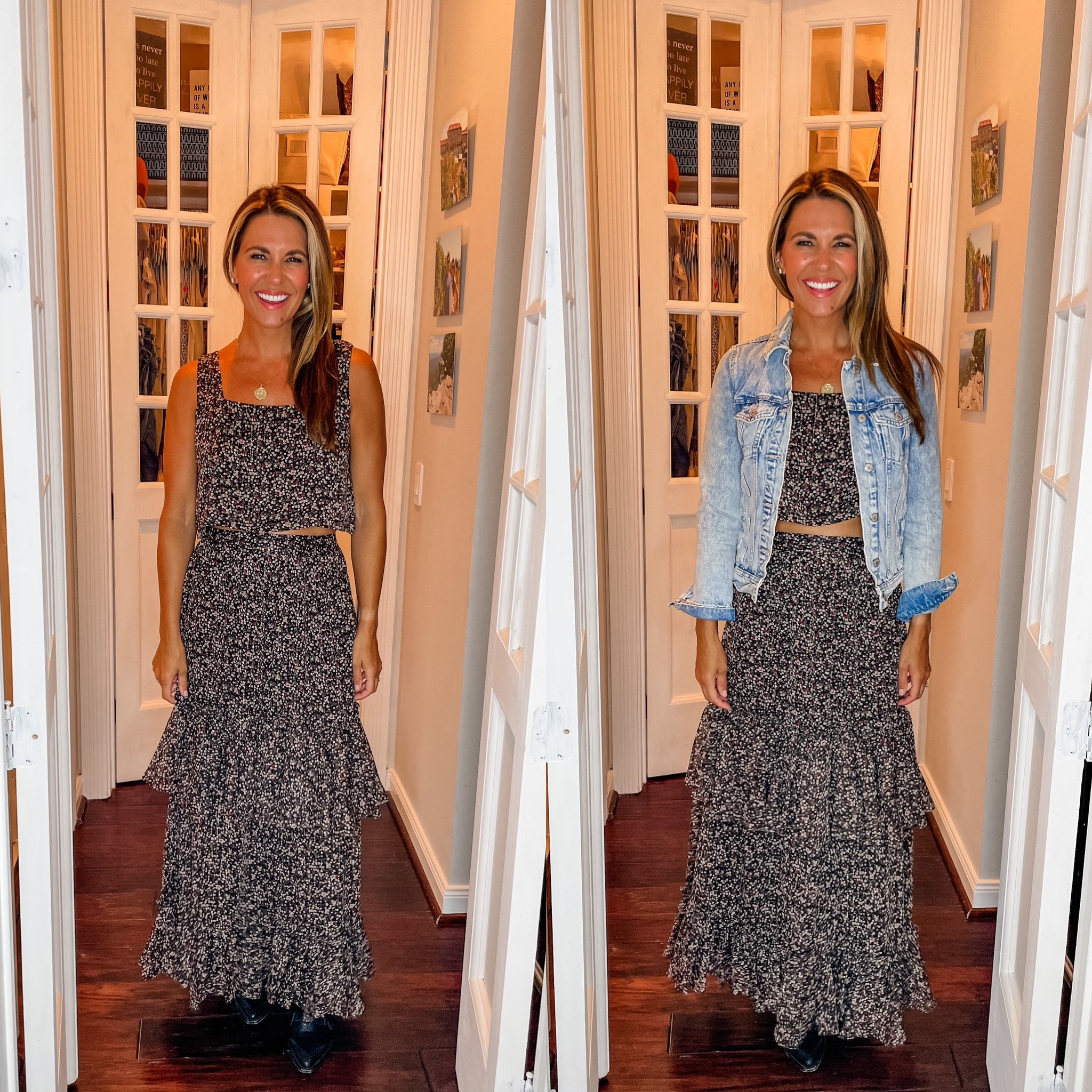 Styling a floral set for fall, set runs TTS.  Jean jacket is my go to for all the fall things, sized down 1 size to XS for the fitted look seen

#LTKSeasonal #LTKstyletip