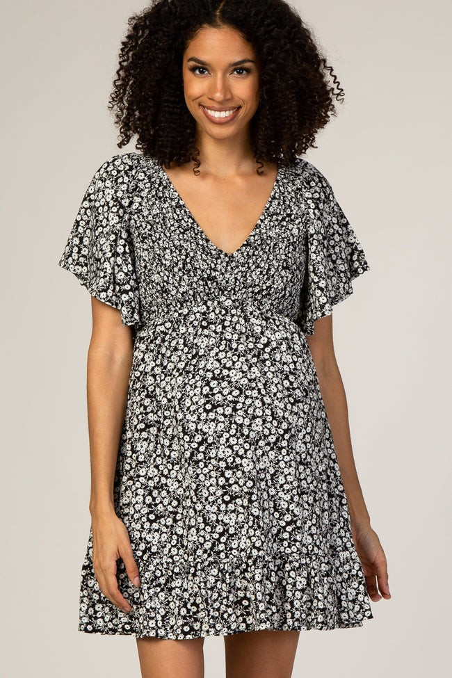 Black Floral Smocked Ruffle Maternity Dress | PinkBlush Maternity