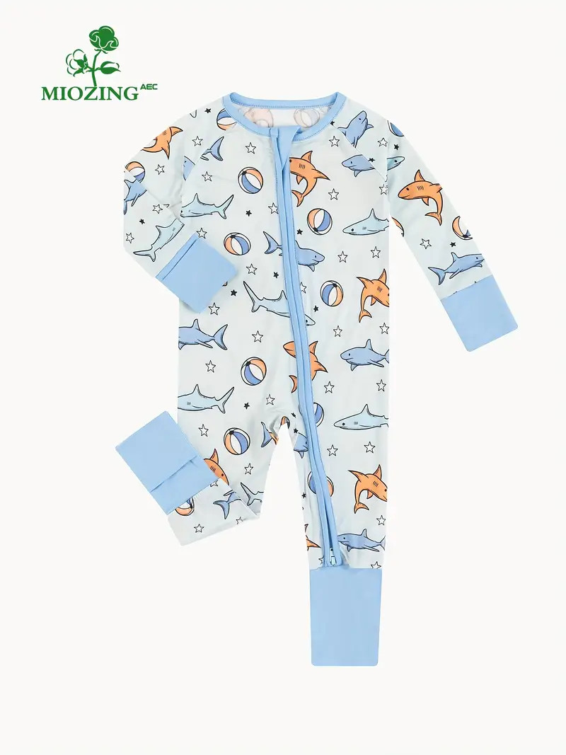 Baby Boys Bamboo Fiber Baby Romper, Blue Cartoon Shark & Ball Print, Long Sleeve Zippered Onesie,... | Temu Affiliate Program
