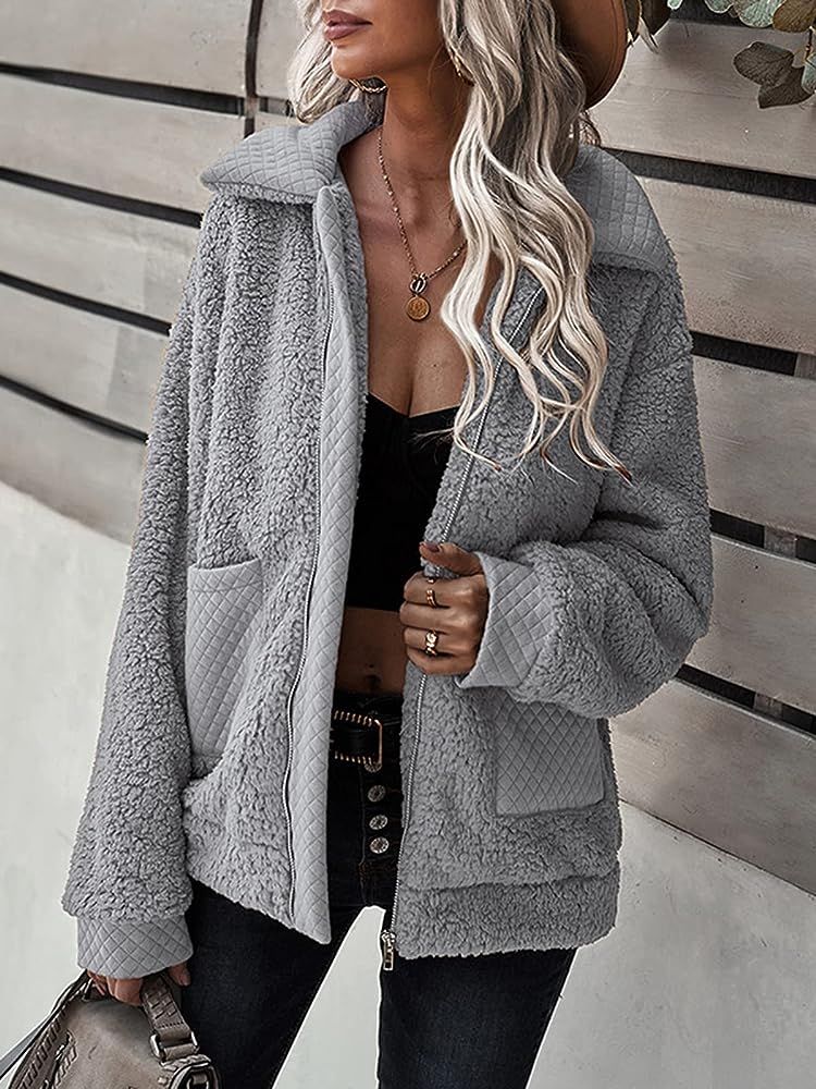SWQZVT Womens Fuzzy Jacket Faux Fleece Sherpa Coats Shearling Long Sleeve Zip Up Cardigan Winter War | Amazon (US)