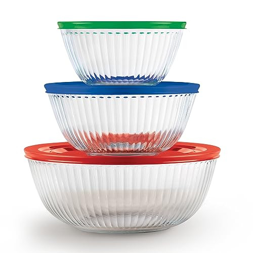 Pyrex Sculpted (3-Pack) Glass Mixing Bowls Set With Plastic Lids For Prepping, Baking and Cooking, Preheated Oven, Dishwasher, Freezer, and Microwave Safe | Amazon (US)