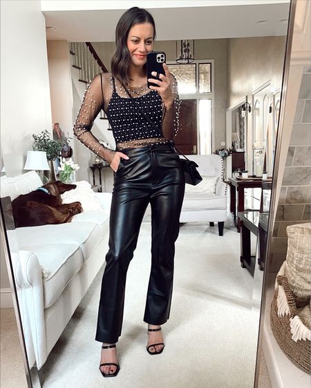 Amazon date night outfit! Pearl sheer top (true to size wearing a small), sports bra (true to size), leather pants (true to size wearing a small), heels (true to size) 

#LTKstyletip #LTKSeasonal #LTKHoliday