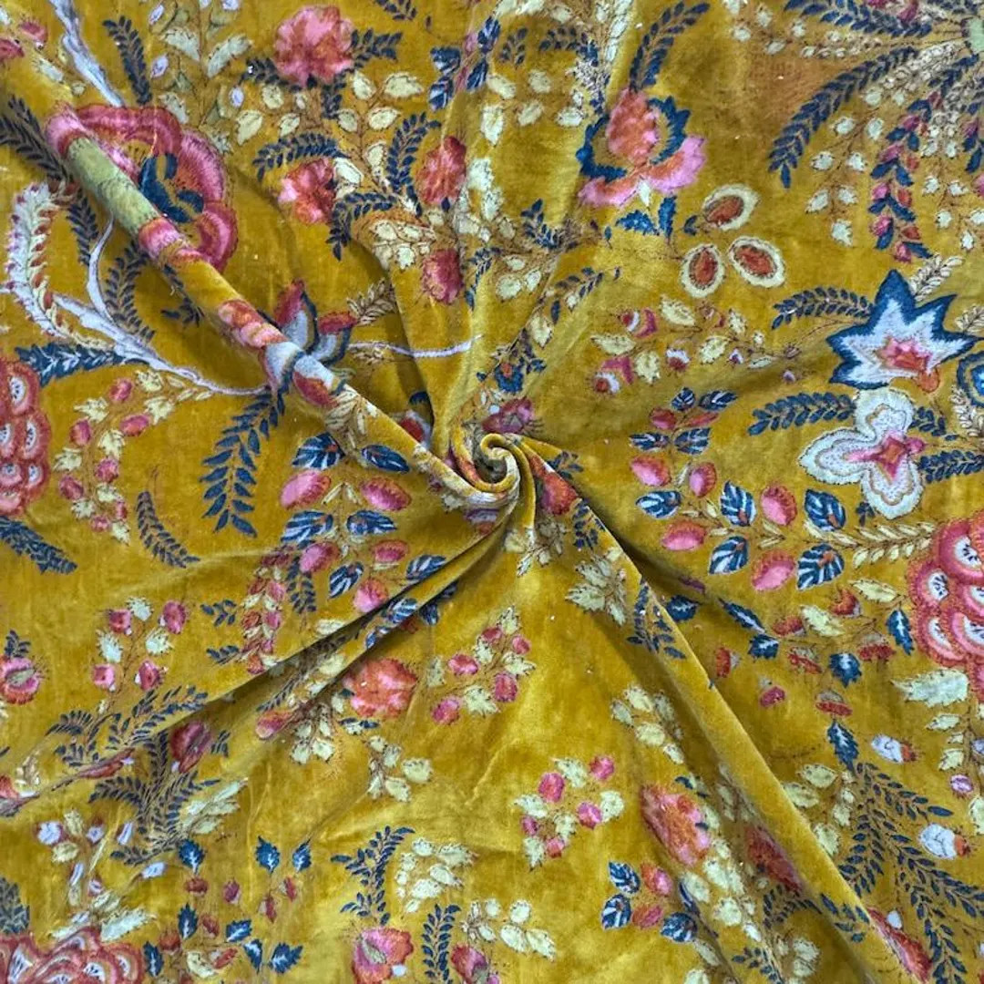Printed Velvet Fabric Indian Fabric Mustard Floral Print Fabric upholstery Fabric fabric for lamp... | Etsy (US)