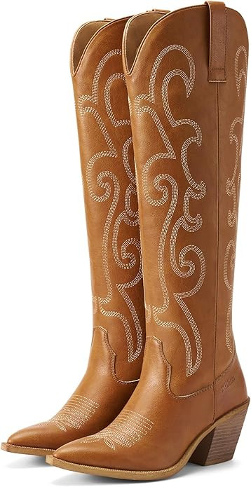 Rollda Cowboy Boots for Women Cowgirl Boots Embroidered Knee-High Western Boots Pointy Toe with C... | Amazon (US)