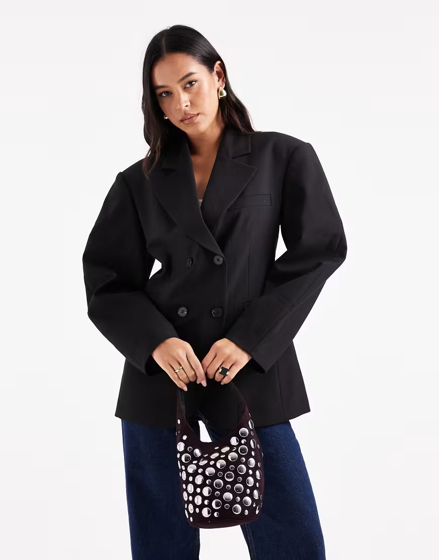 ASOS DESIGN Tailored cocoon sleeve double breasted blazer in black | ASOS (Global)