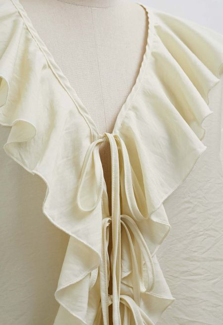 Tie-Bow Front Ruffle Semi-Sheer Shirt and Shorts Set | Chicwish