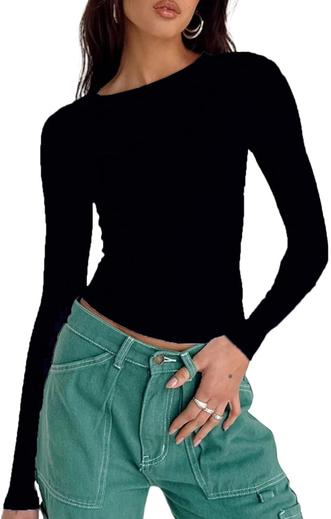 Women's Casual Basic Crop Tops Slim Fit Long Sleeve Crew Neck Solid Color Fall Pullover Shirts Ti... | Amazon (US)