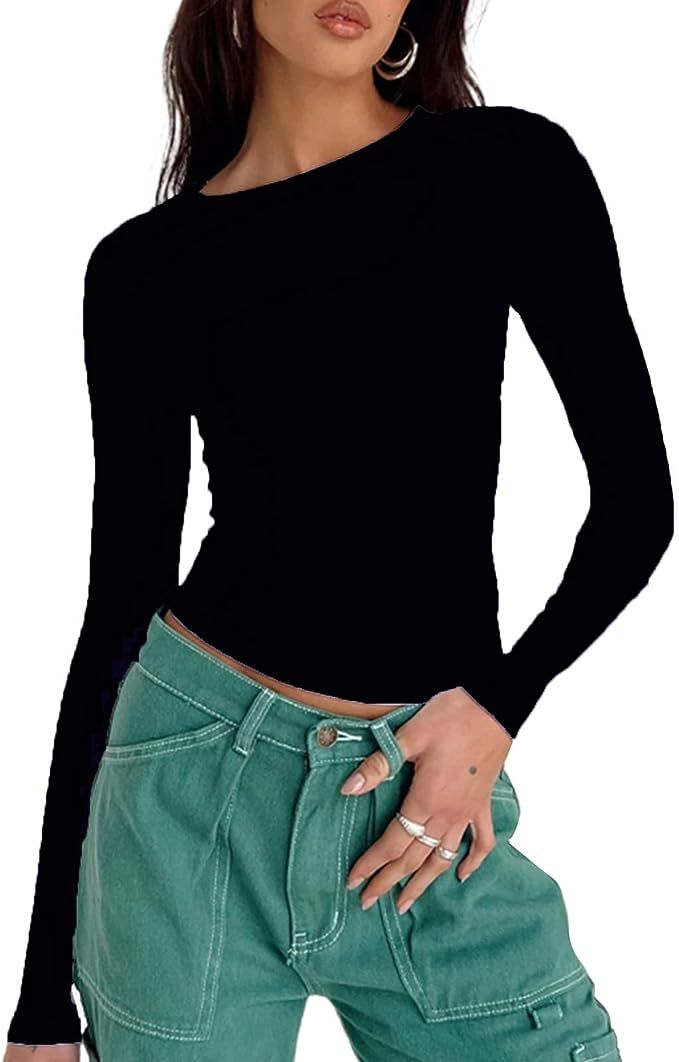 Women's Casual Basic Crop Tops Slim Fit Long Sleeve Crew Neck Solid Color Fall Pullover Shirts Ti... | Amazon (US)