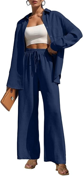 Lepunuo 2 Piece Outfits for Women Casual Lounge Sets Long Sleeve Button Down Shirts and Wide Leg ... | Amazon (US)