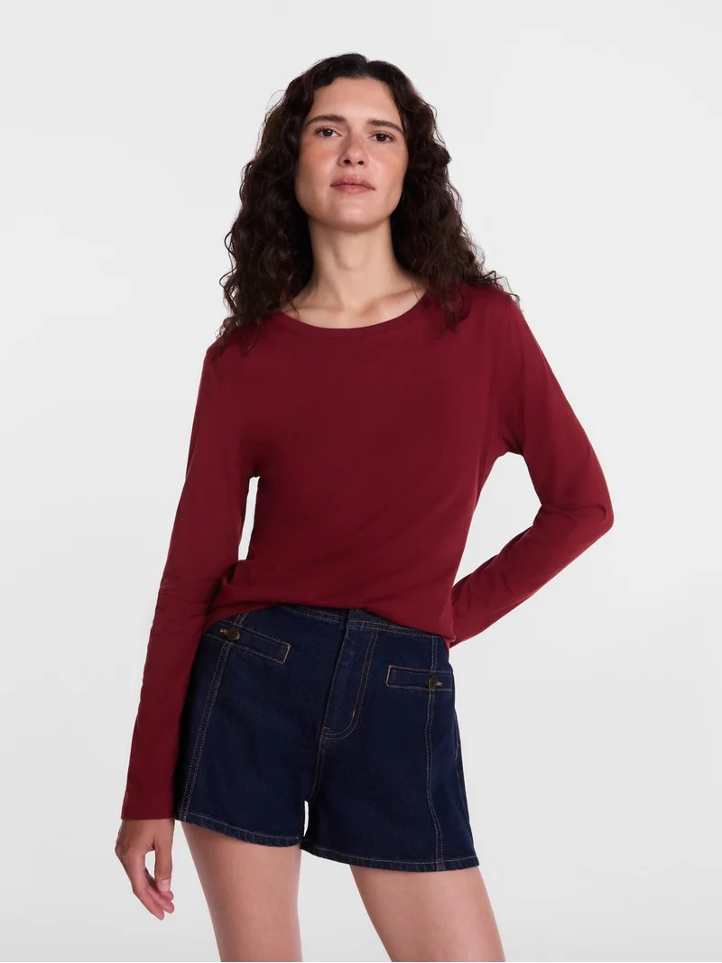 Scenario Women's Cotton Crewneck Tee with Long Sleeves, Sizes XS-XXXL | Walmart (US)