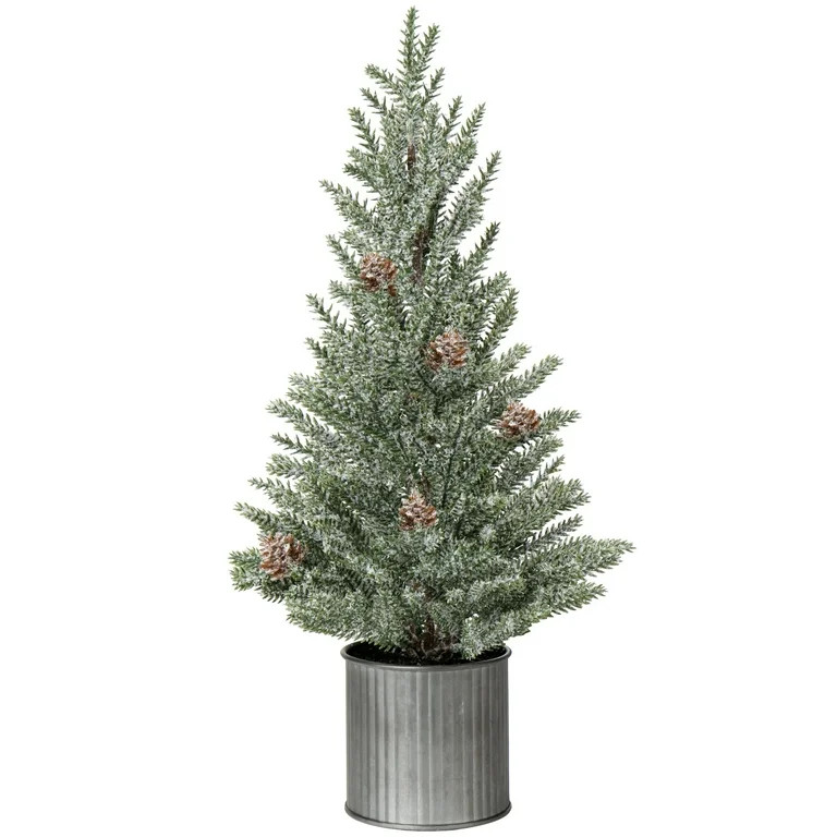 18 Inches Mini Christmas Tree Snow Flocked Artificial Xmas Cone Pine Tree in Galvanized Tin | Walmart (US)