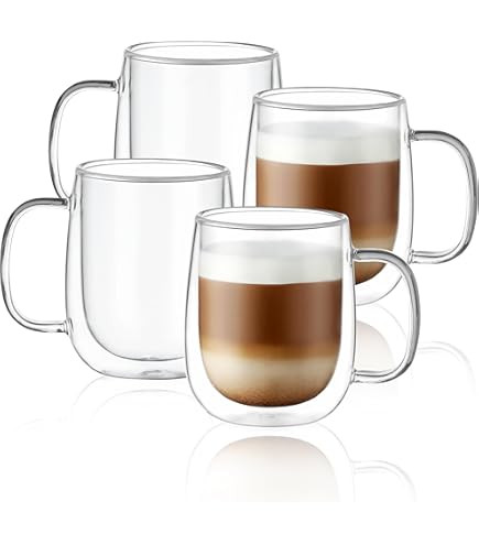 CNGLASS 16oz Double Walled Glass Coffee Mugs(4-pack),Large Clear Coffee Cups with Handle,Glass Es... | Amazon (US)