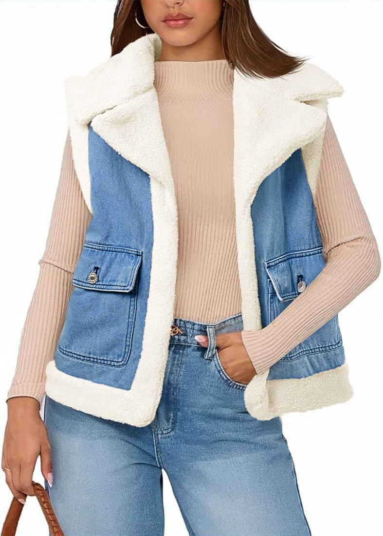 Tankaneo Womens Sherpa Denim Vest Oversized Fleece Lined Sleeveless Jean Jacket Winter Fuzzy Oute... | Amazon (US)