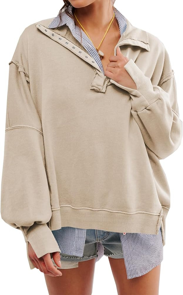 Oversized Sweatshirt for Women,Long Sleeve Button Collared Henley Sweat Shirts Pullover Tops | Amazon (US)