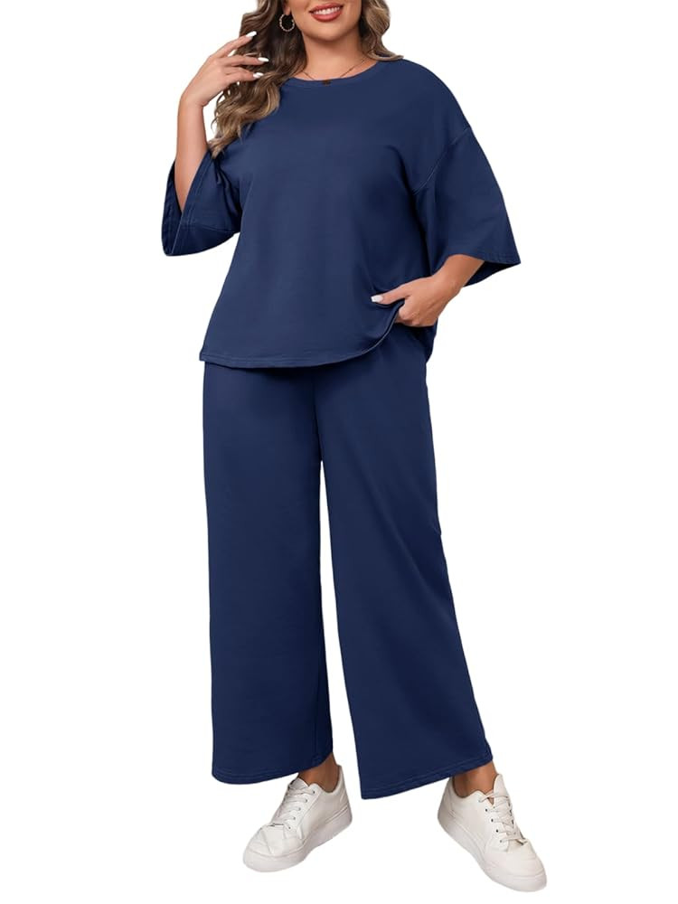Beautife Womens Plus Size 2 Piece Outfits 3/4 Sleeve Tops and Wide Leg Pants Loungewear Pajamas S... | Amazon (US)
