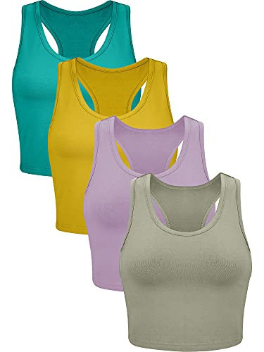 4 Pieces Basic Workout Crop Tank Tops Sleeveless Racerback Sport Tank Top for Women Yoga Running (Green, Yellow, Dark Pink, Olive Green, Large) | Amazon (US)