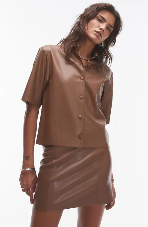 Topshop Faux Leather Button-Up Shirt in Chocolate at Nordstrom, Size 4 Us | Nordstrom