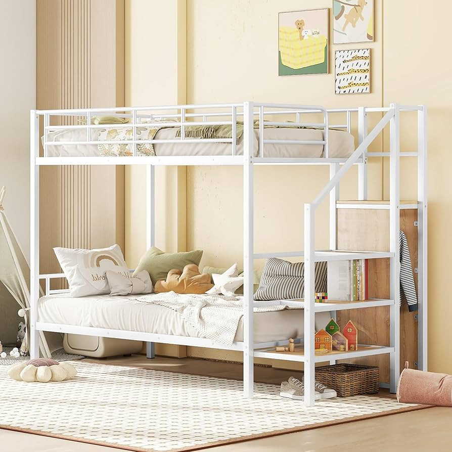 Twin Over Twin Metal Bunk Bed with Lateral Storage Ladder and Wardrobe, White | Amazon (US)