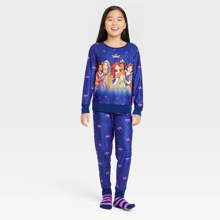 Girls' Disney Princess Pajama Set with Cozy Socks - Blue | Target