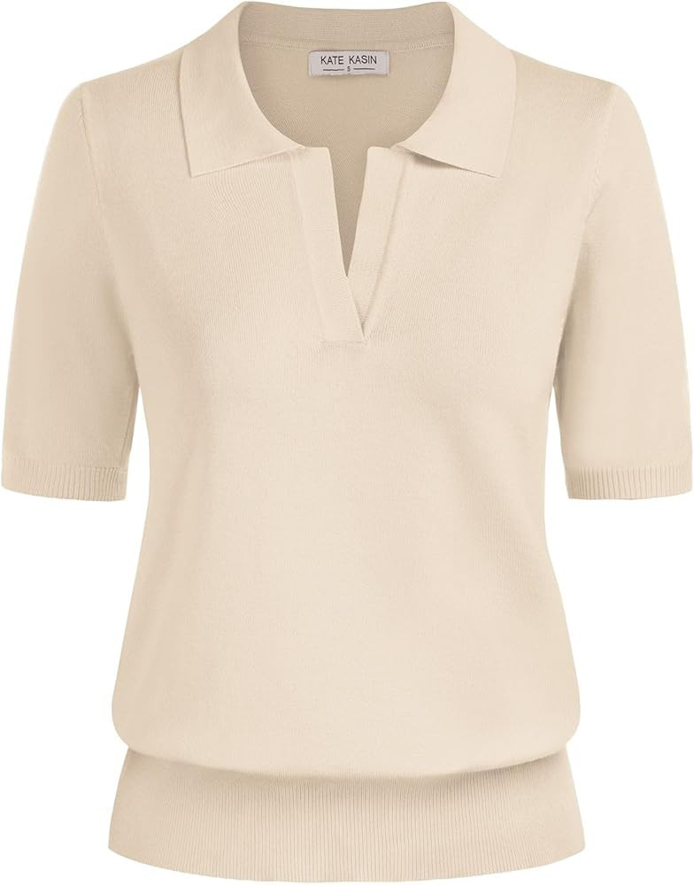 Kate Kasin Women Short Sleeve Polo Sweater V Neck Knitted Tops Casual Ribbed Shirt Loose Pullover... | Amazon (US)