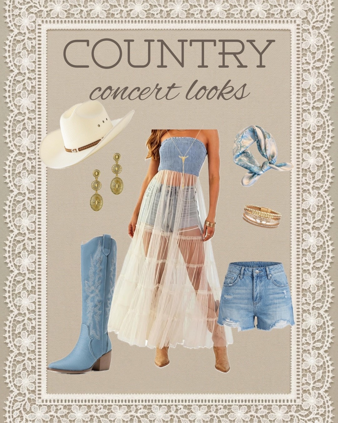 Meet me under the stadium lights ✨🎸

Loving this breezy, blue-toned concert outfit inspo. The sheer maxi skirt overlay is a total game-changer!

#concertfit #countryconcert #westernvibes #bohochic #denimboots