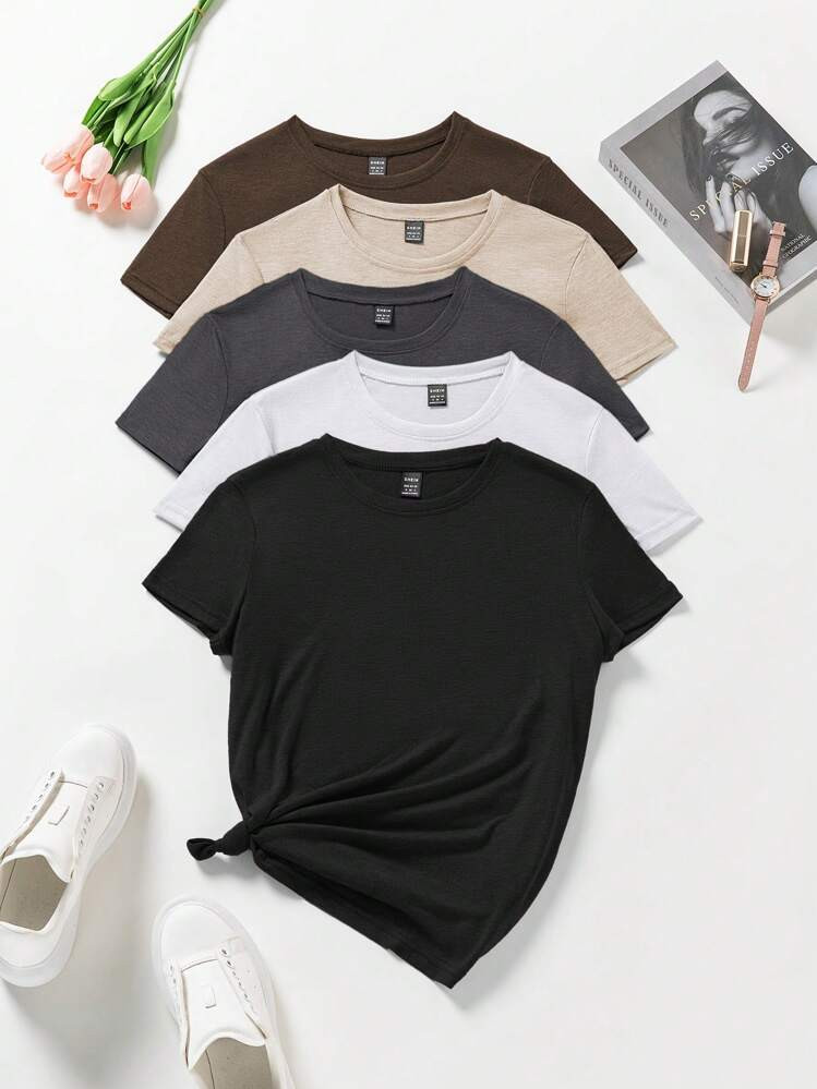 INAWLY Women's Short Sleeve Round Neck Solid Color Casual T-Shirt For Summer | SHEIN