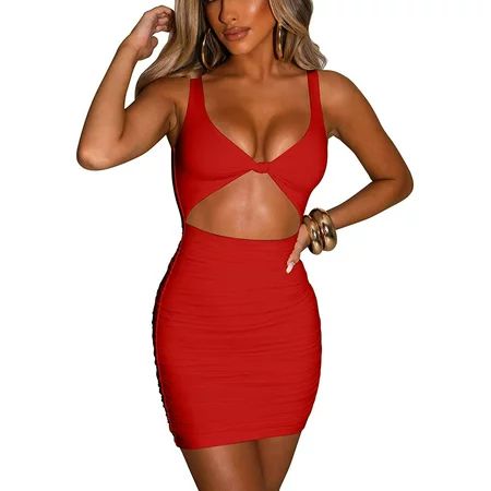 JBEELATE Women s Cutout Bodycon Dress Hollow Out Sleeveless Strap Ruched Slim High Waist Mini Dress | Walmart (US)