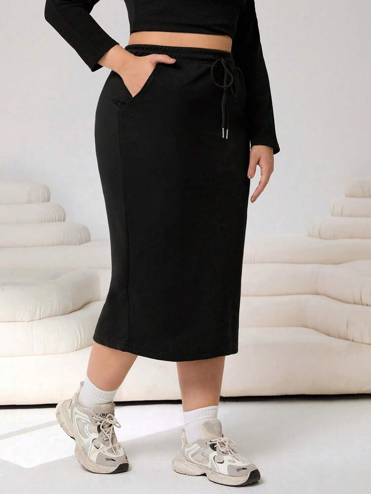 Solflare Plus Size Women's Black Casual Drawstring Waist Side Pocket Straight A-Line Skirt | SHEIN