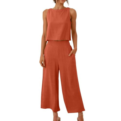Linen Sets For Women 2 Piece Trendy Sleeveless Crop Top Wide Leg Pants Lounge Summer Outfits Beach Travel Set Orange matching sets women clothing M | Amazon (US)