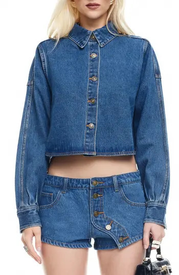 LIONESS Sundrenched Denim Crop Button-Up Shirt in Mid Wash at Nordstrom Rack, Size Large | Nordstrom Rack