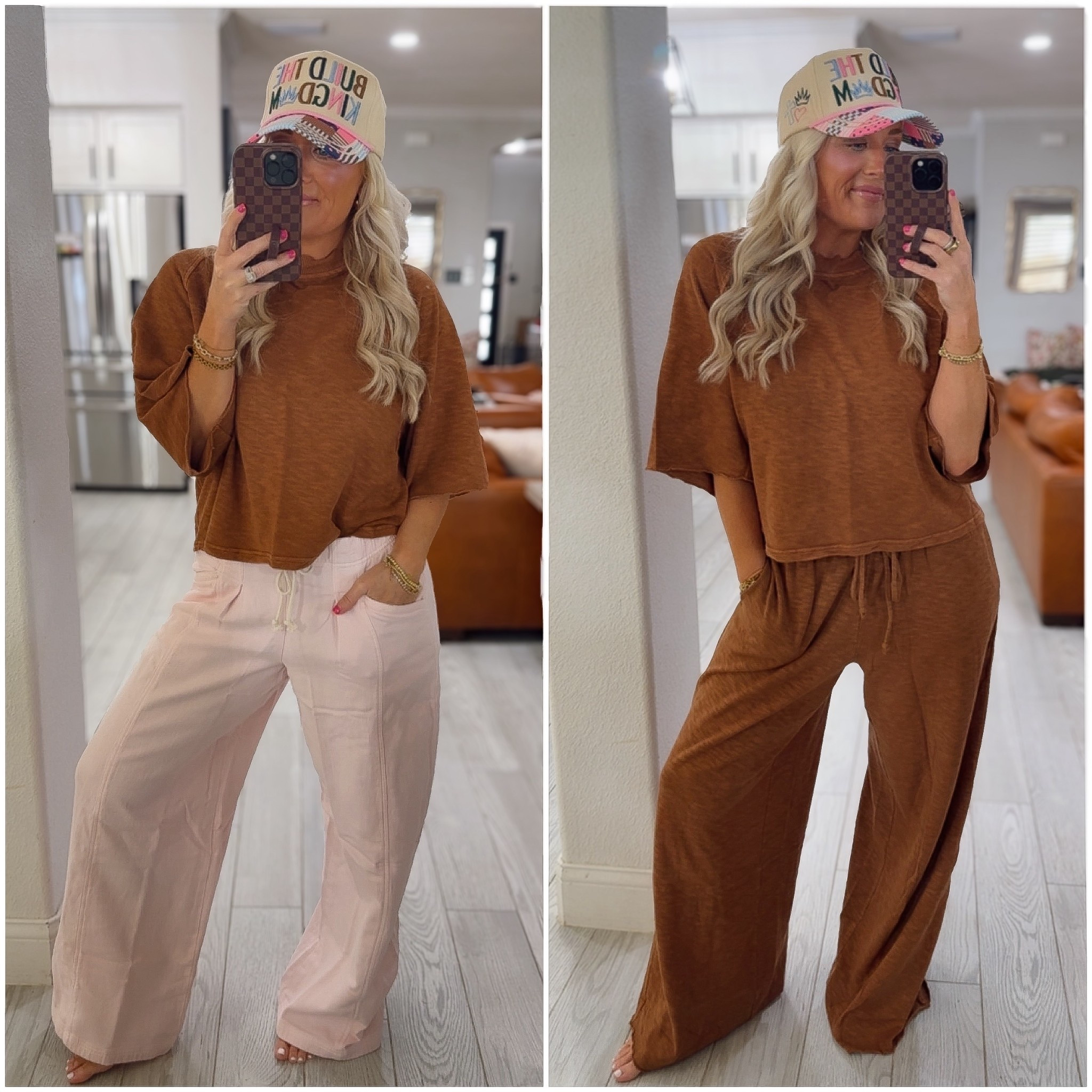 The pink version of the denim trouser!!! 
In love with this brown lounge set , small