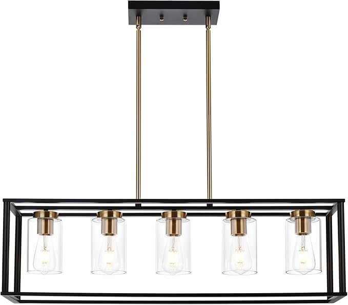 VINLUZ Farmhouse Chandeliers for Kitchen Island with Clear Glass Shade Black and Brushed Brass 5 ... | Amazon (US)
