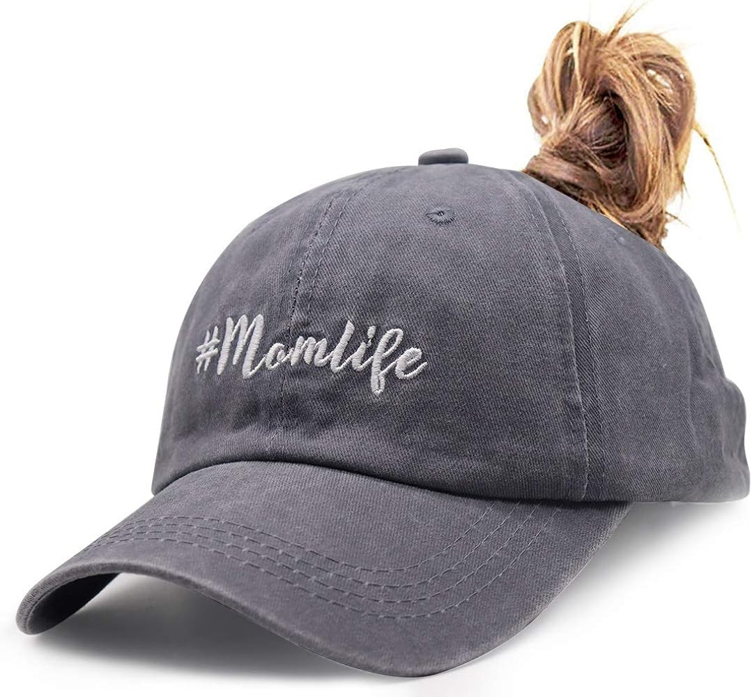 Mom Life Ponytail Baseball Cap Messy Bun Vintage Washed Distressed Twill Plain Hat for Women | Amazon (US)
